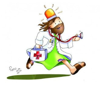 jesucristo con un traje de médico y corriendo por una urgencia
